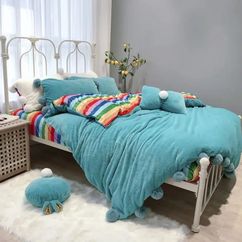 Небесно Голубой Белый Розовый семь радужных зимних теплых фланелевых бархатных