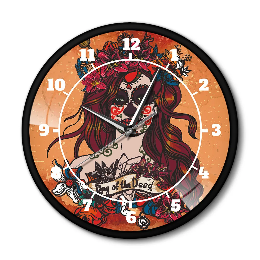 

Horror Day of the Dead Flowers Sugar Girl Skull Metal Frame Silent Wall Clock Calavera Girl Silent Quartz Saat Halloween Decor
