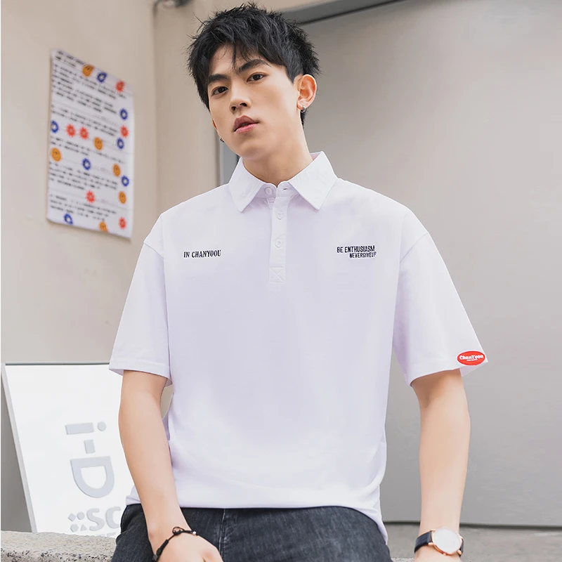 

TFETTERS 2021 New Korean Stlye Black T-shirt Men Solid Color Business Tshirt Man Short Sleeve Turn-down Collar Casual Men