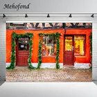 Фон Mehofond для рождественской фотосъемки, магазин аксессуаров, красная дверь, зеленые растения, кирпичный пол, портретный фон для фотостудии