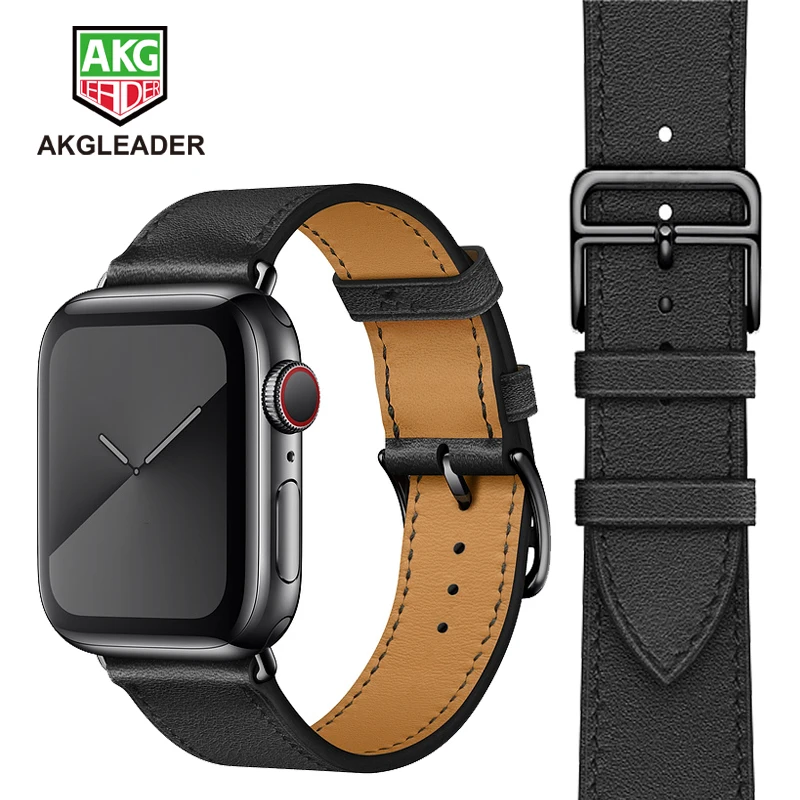 Браслет AKGLEADER для Apple Watch Series 5 4 40/44 мм кожаный черный ремешок с пряжкой 3 2|Ремешки