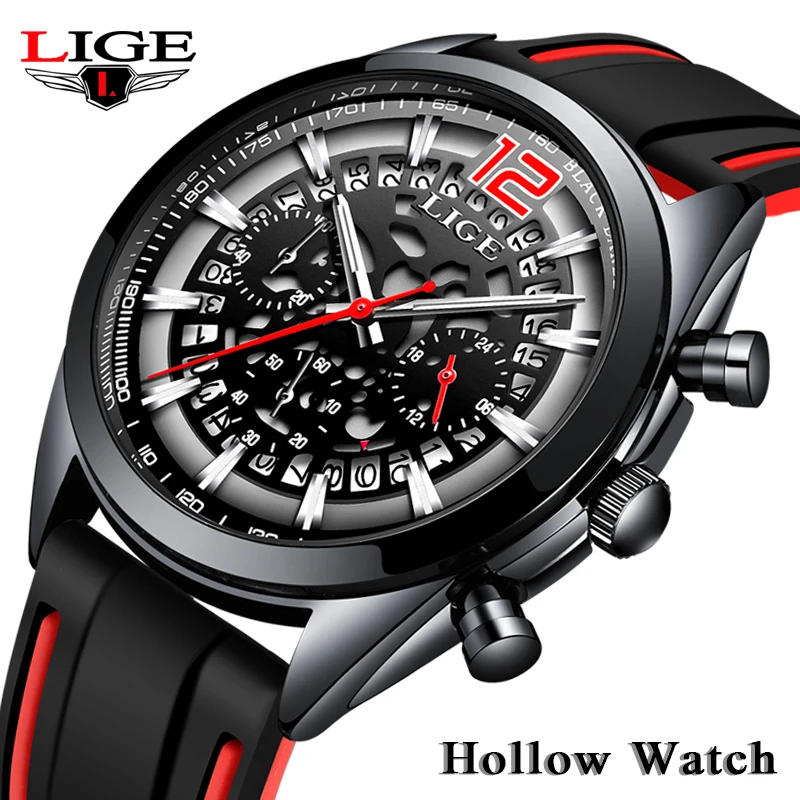 Montre Homme LIGE мужские часы военные спортивные силиконовые ажурные лучший бренд