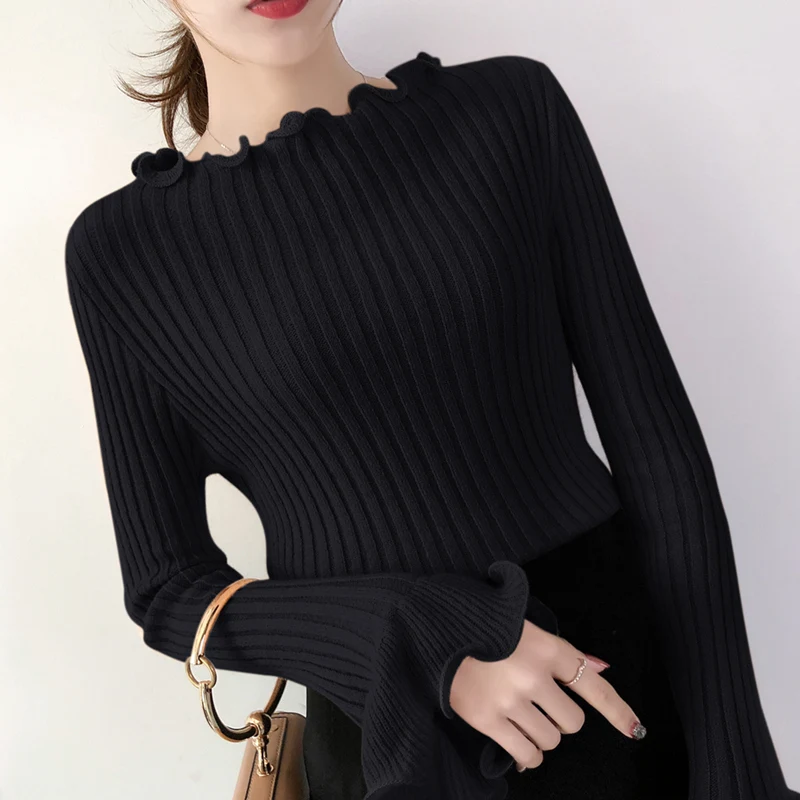 

Flared sleeve T-shirt long sleeve bottom sweater women's autumn new slim Ruffle Top