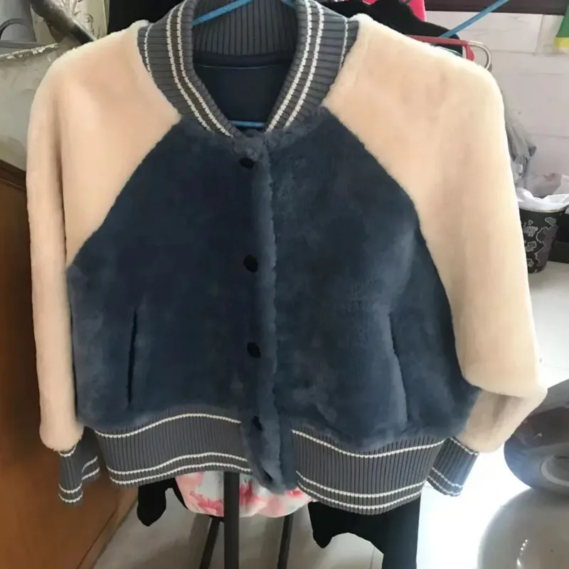 Женское бейсбольное пальто Y2K синего цвета с искусственным Плюшевым Мехом