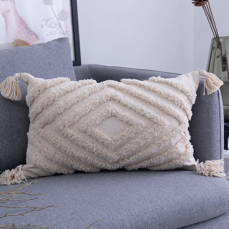 

Boho Tufted Cushion Cover 45x 45cm/30x50cm Beige Pillowcase with Tassels Home Decor Handmade Woven Sofa Livingroom Decoration