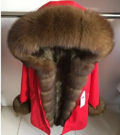 fox fur collar Роскошное пальто, парка из натурального меха, зимняя куртка, женское длинное пальто, подкладка из натурального Лисьего меха, съемный большой натуральный мех енота, воротник с капюшоном - Цвет: fox fur collar