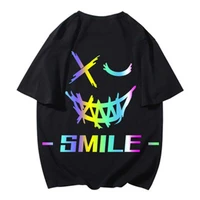 hip hop t shirts reflective rainbow man tees top smile print ovesize streetwear loose homme clothes cotton half sleeve wholesale