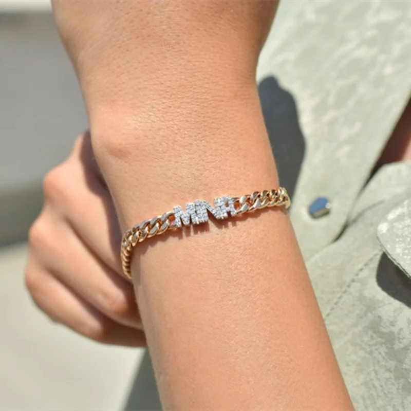 Custom Name Bracelet Personalized Zircon Letter Name Bracelet 8MM Stainless Steel Cuban Chain Brcelet Jewelry for Women Gift