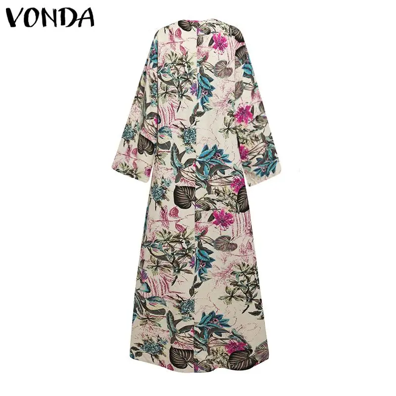 

S-5XL Female Cotton Linen Dress Vintage Floral Maxi Dress Women's Autumn Sundress 2021 VONDA Casual Long Sleeve Printed Vestidos