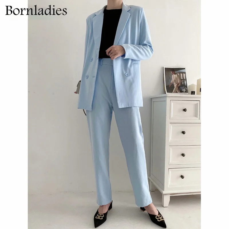 

Bornladies 2022 Elegant Solid Women Trousers Suits Long Sleeve Jacket & High Waist Pencil Pants & Loose Shorts Female Blazer Set