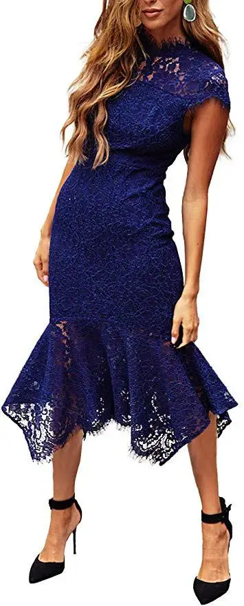 

[Bottom Price]Autumn and Winter Women's Vintage Lace Flower Sleeveless Turtleneck Fishtail Dress Cocktail Evening Dress