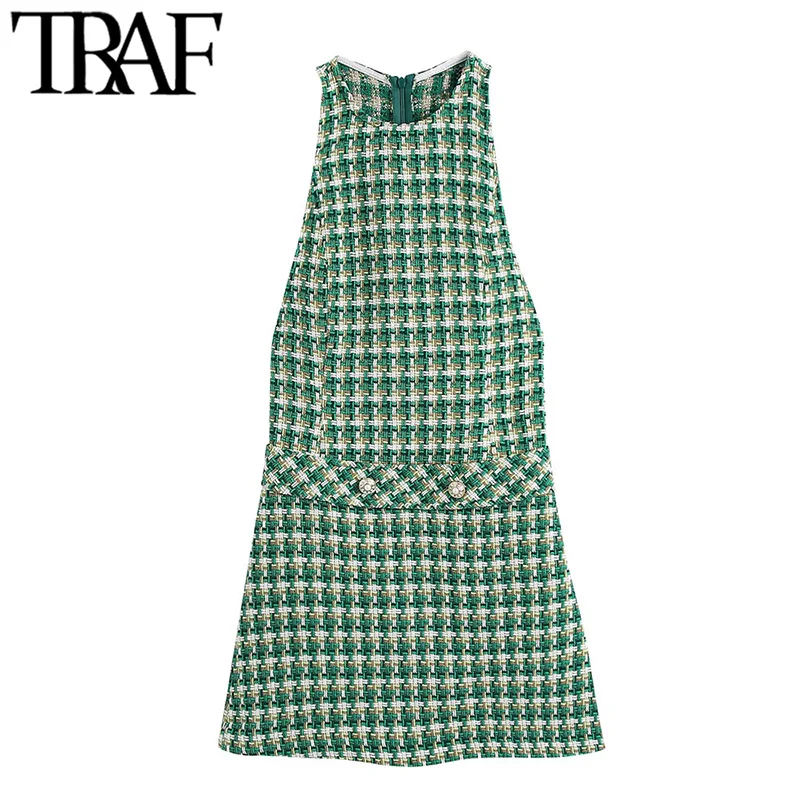 

TRAF Women Fashion Houndstooth Tweed Mini Pinafore Dress Vintage Sleeveless Back Zipper Female Dresses Vestidos Mujer