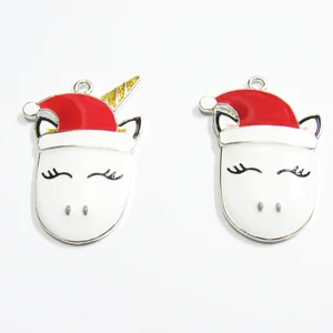 Последняя новинка; Оптовая продажа 10 шт.пакет, полностью эмалированные единорог с рождественской шапочкой, подвески на Рождество Дети Ожерелье