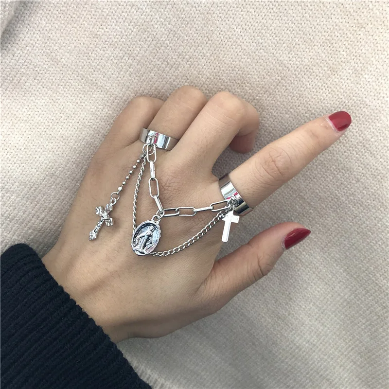 Модные популярные кольца с цепочкой крестом Богородицы в готическом стиле хип