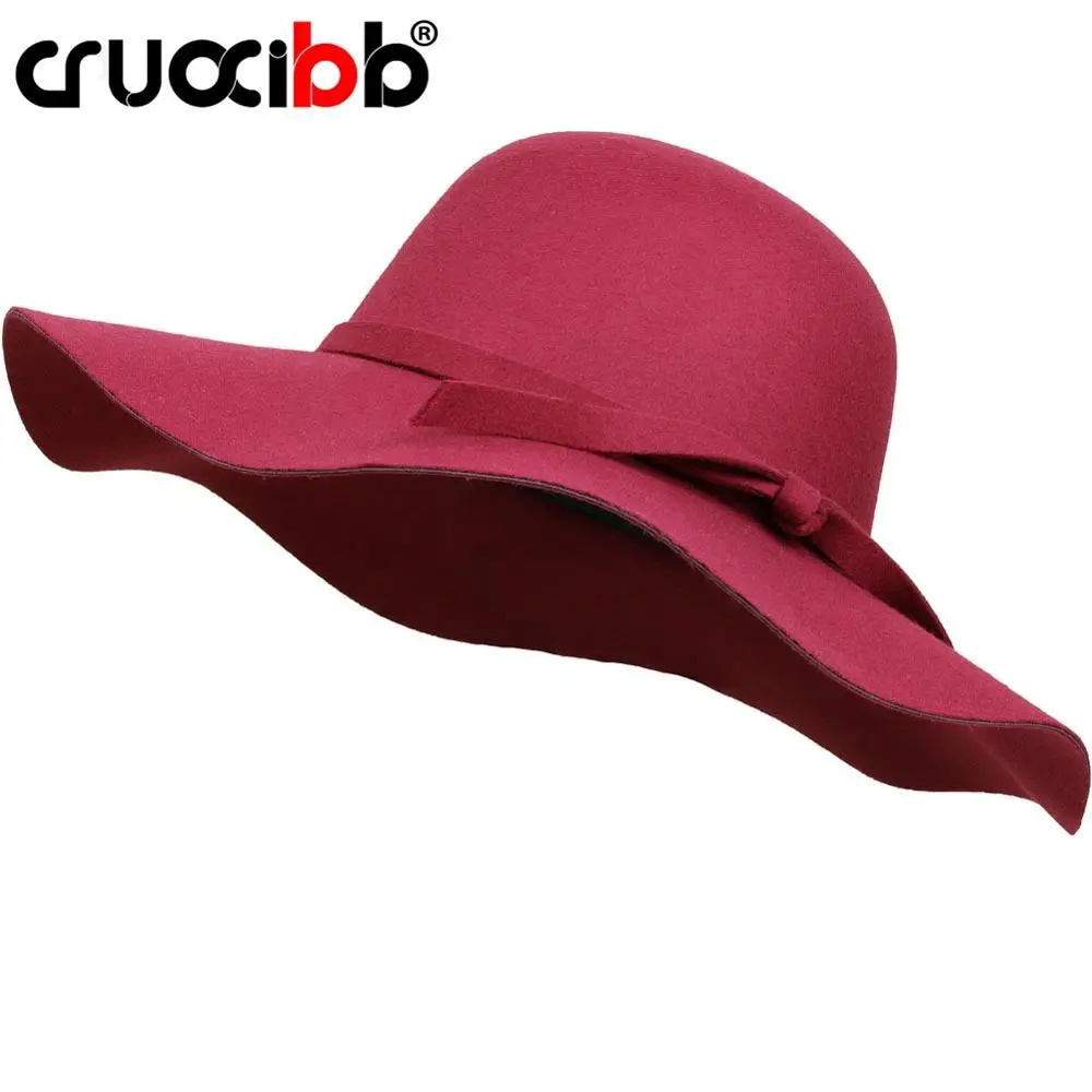 Women's Wide Brim Wool Ribbon Band Floppy Hat Classic Retro Jazz Warm Ladies Fedora Bucket Cotton Sweet Caps | Аксессуары для