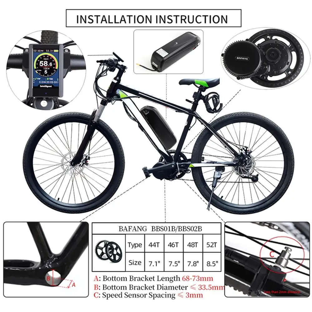 Bafang 52V 1000W Средний приводной электродвигатель BBSHD 40T 42T 44T 46T BB 68-73 мм велосипедные