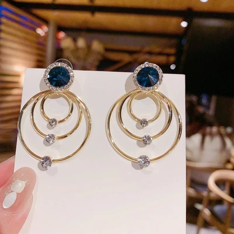 

Exaggerated Geometric Circle Earrings New Tide Temperament Net Red Earrings Blue Crystal Earrings Wholesale Female Earrings