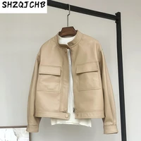 shzq leather jacket womens short stand collar sheep leather jacket jacket spring and autumn work clothes pocket