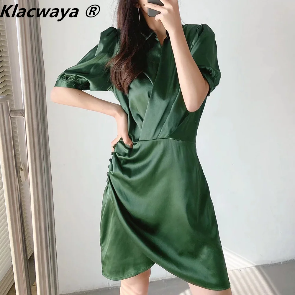 

Klacwaya Satin Dresses For Women 2022 Summer Vintage V-Neck Female Shirt Dress Woman Clothes Solid Mini Casual Dress