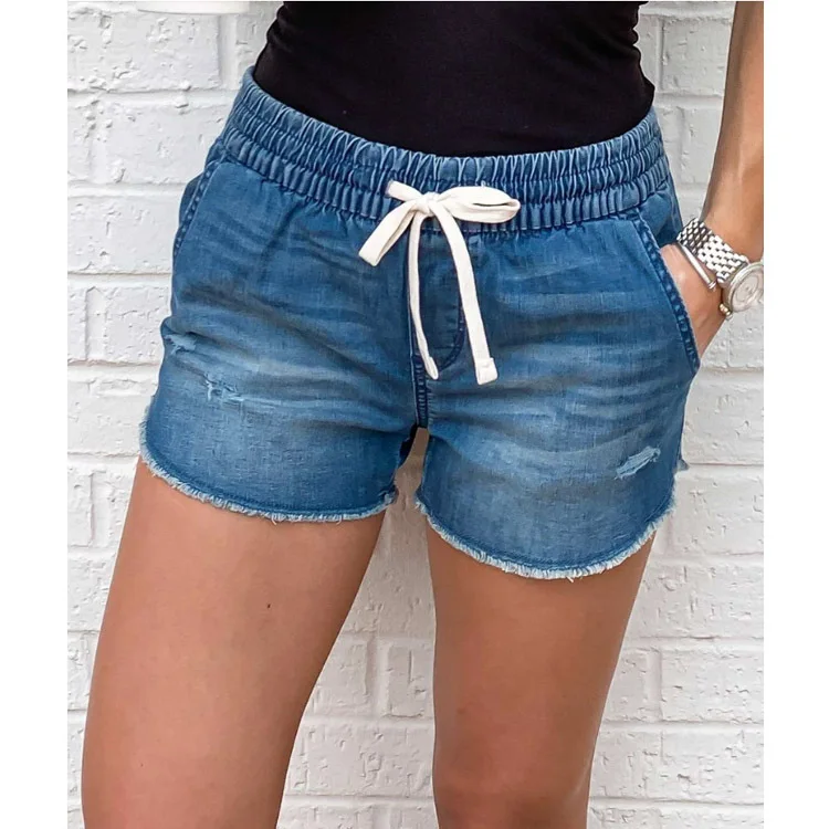 

WEPBEL Summer Women Fashion Drawstring Waist Pure Color Denim Shorts Elastic Waist Hole Shorts Plus Size Ripped Denim Shorts