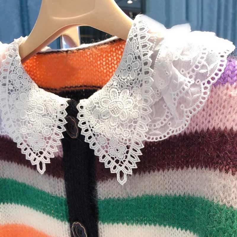 

Fashion Rainbow Stripes Contrast Sweater 2020 Autumn and Winter New Lace Doll Collar Mohair Knitted Cardigan Women