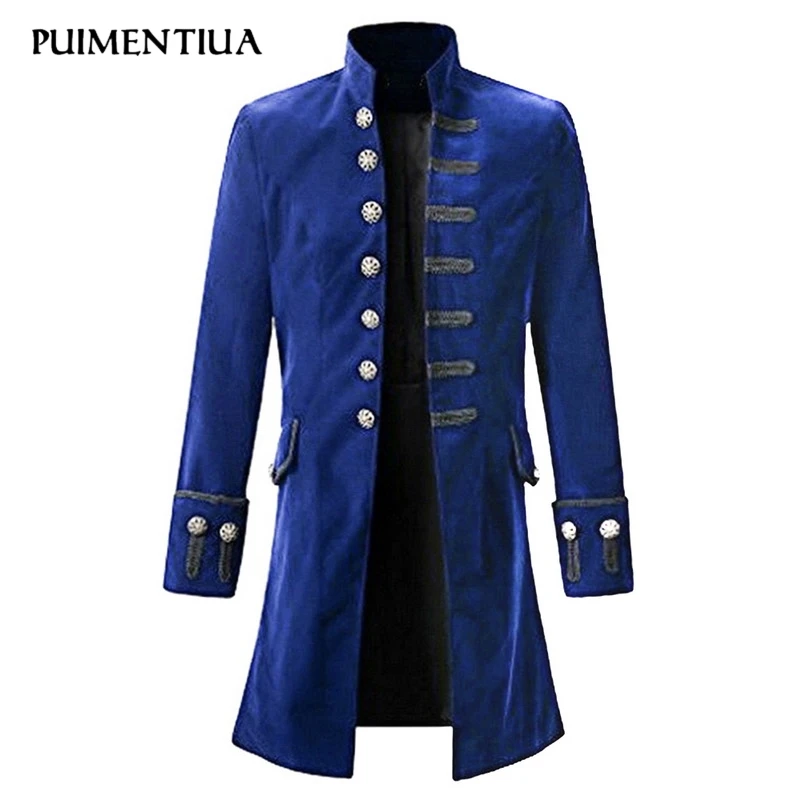 Puimentiua Male Slim Single Breasted Long Blazers Stand Collar Vintage Outwear Patchwork Jackets Gothic Coat blaser masculino