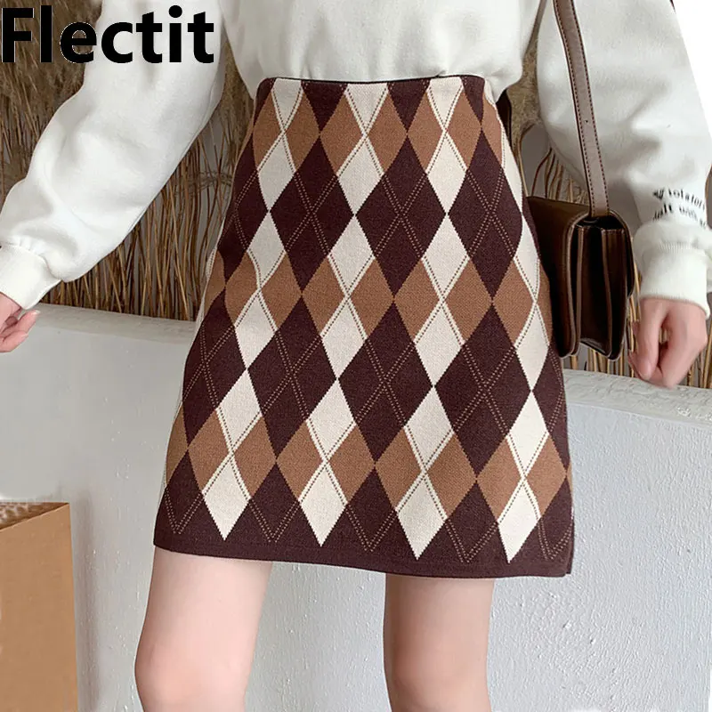 

Flectit Argyle Knitted Skirt Women Classic Printed Elastic Waist Pencil Mini Skirt Fall Winter Knitwear *