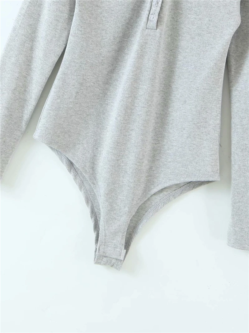 

Elegant Women Grey Slim Rompers 2021 Fashion Ladies Solid Soft Romper Causal Female Chic Cotton Full Sleeve Bodysuits