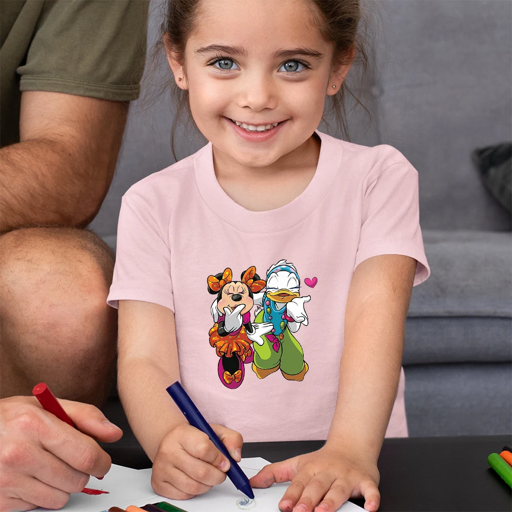 

Disney T-shirt Daisy Duck and Minnie Mouse Kids Shirt For Girl Fashion Cartoon Short Sleeve Tops Pink Baby Tees Toddler Clothes