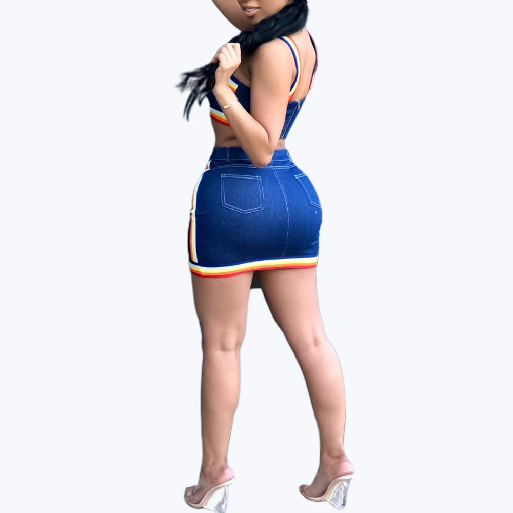 Женский костюм радуги из 2 предметов джинсовый в полоску на бретелях бюстье