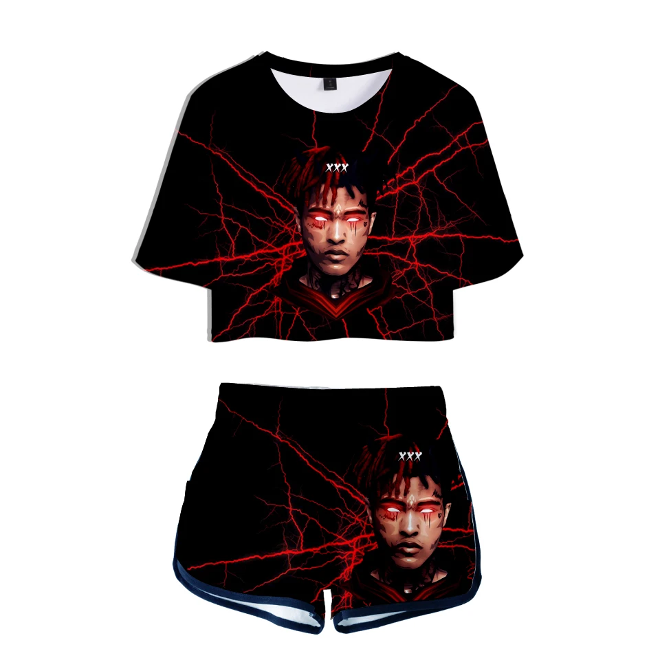 

Pop Rapper Xxxtentacion Rip 3D Custom Tracksuit Women Two Piece Set Summer Short Sleeve Crop Top+Shorts Girls Casual Streetwear