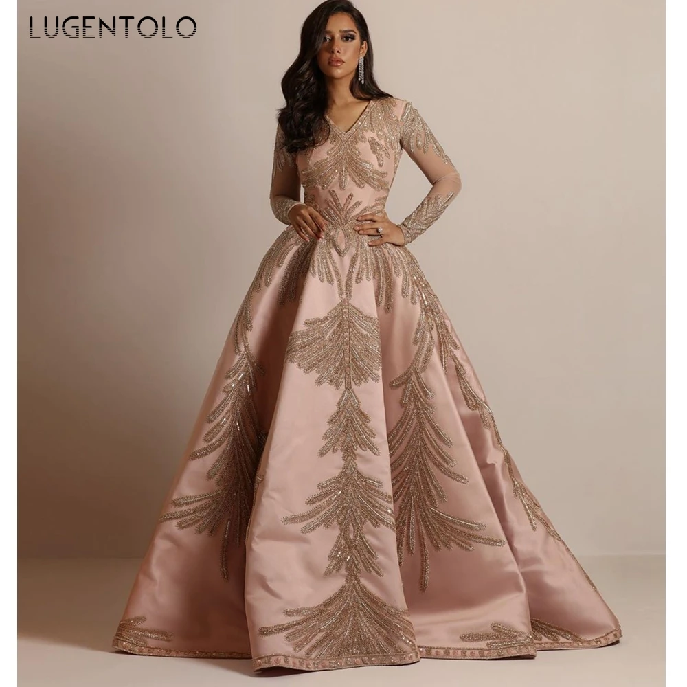 

Lugentolo Maxi Dress Women Sexy Party Bronzing Big Swing Long Sleeve High Waist V-Neck Autumn New Fashion Womens Dresses