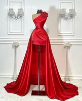 red one shoulder short prom dresses with detachable train pleats beaded mini cocktail homecoming dress