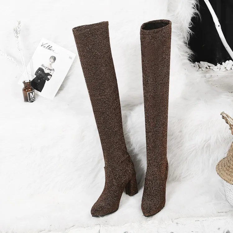 Женские ботфорты выше колена Сапоги с блестками и рукавами сапоги до бедра