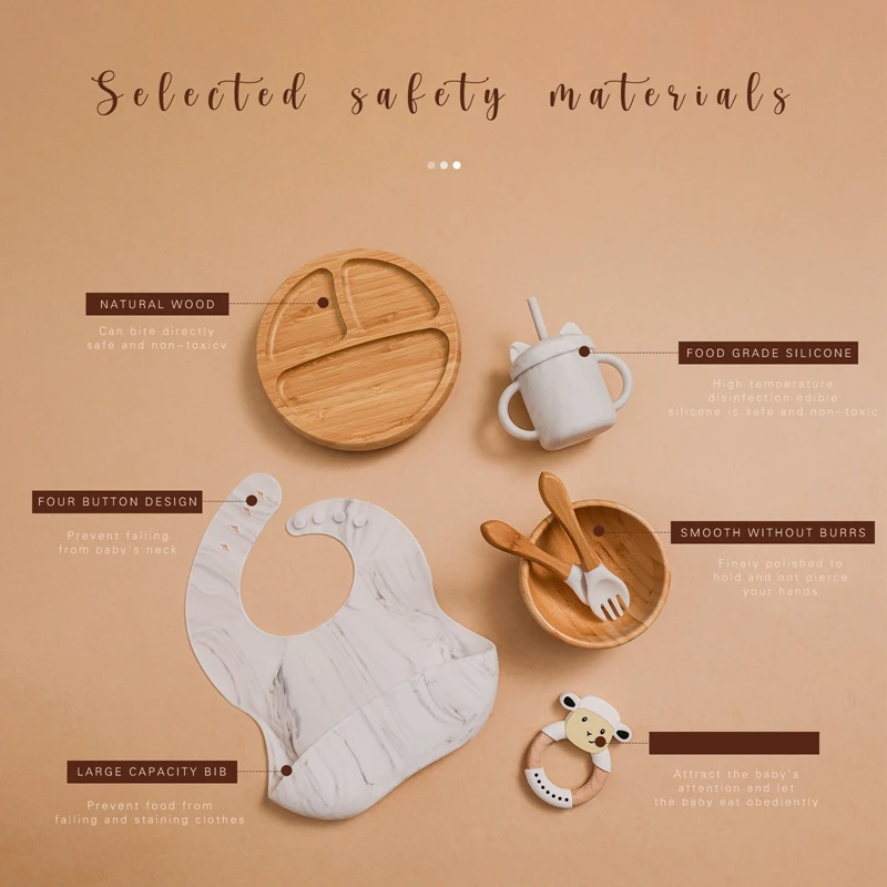 Conjunto de alimentaci&oacute;n para beb&eacute;, set de vajilla de bamb&uacute; con taza de silicona, juego de platos, taz&oacute;n y cuencos, regalo infantil-3