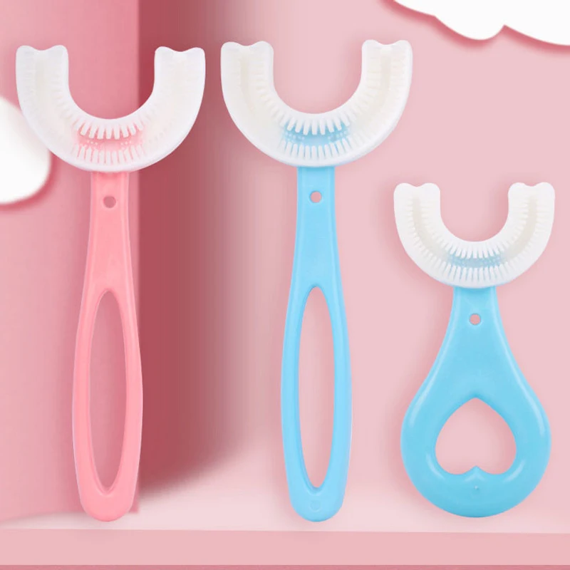 Cepillo de dientes en forma de U para ni&ntilde;os, mordedor de silicona suave para beb&eacute;s de 2 a 12 a&ntilde;os, 360 grados, cuidado bucal-0