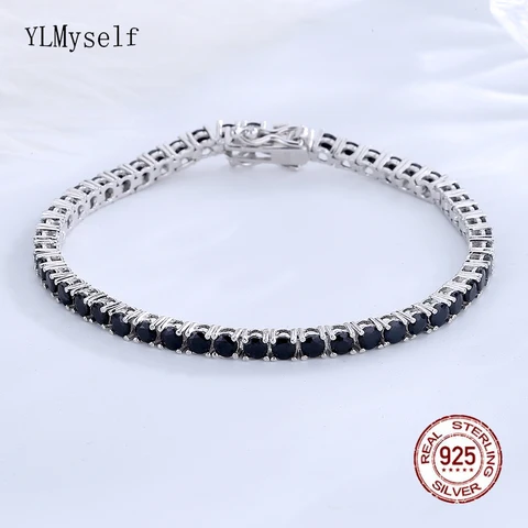 Argent pur solide 15/16/17/18/19/20/21 cm Bracelet de tennis pave 3 mm Round Black Jet Zircon Elegant Real 925 Jewelry for Women for Women
