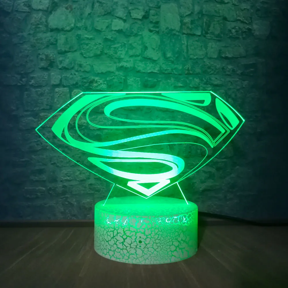 3D светодиодный DC Супермен логотип лампочки с символами, моделирующая лампа, 7 цветов, изменение иллюзии, настольный ночник, декор для комнаты, Детские вентиляторы, подарок, детская игрушка