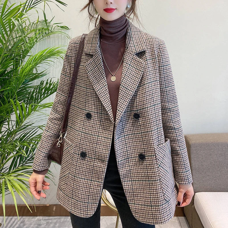

Autumn Winter Women's Blazers Sashes Jackets Notched Outerwear England Style OL Vintage Plaid Blazer Woolen Coat
