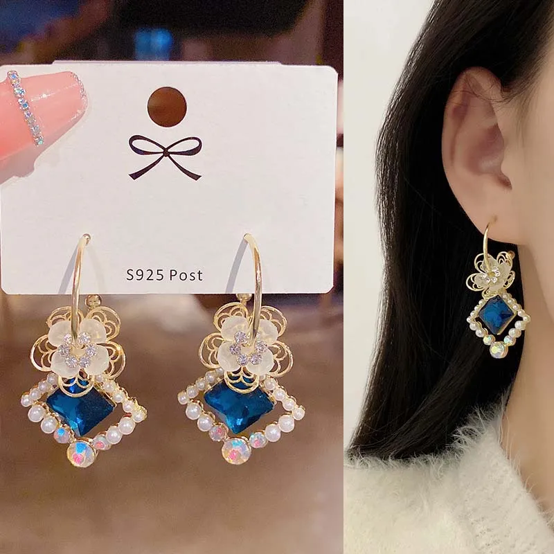 

2021 New Trendy Flower Drop Earrings For Women Fashion Blue Crystal Pearl Pendant Earring Girls Wedding Christmas Jewelry Gift