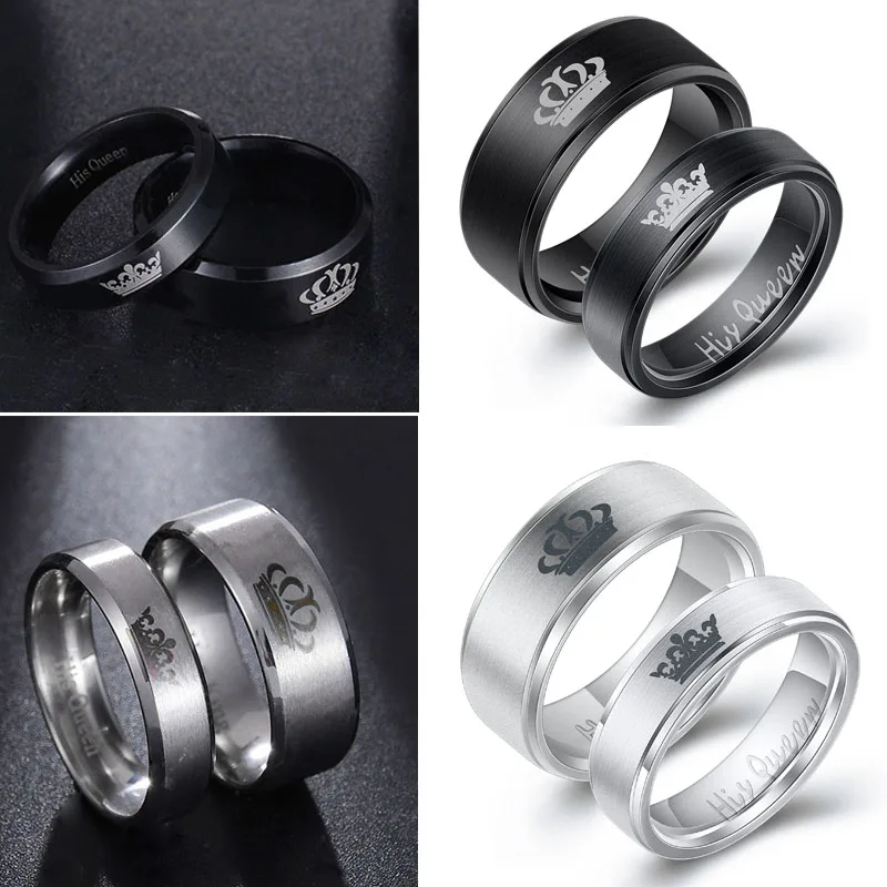 

2 Pcs Couple Lovers Ring Set Titanium Stainless Steel Ring for Women Men Crown "His Queen""Her King" Valentine's Day Jewelry