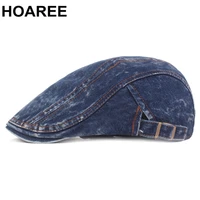 hoaree denim blue mens beret denim patchwork flat cap visors male british style spring autumn vintage unisex newsboy driving hat