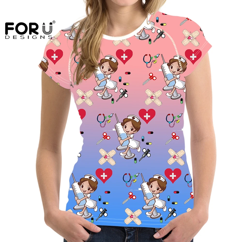 

Женские летние тонкие Топы FORUDESIGNS, белое платье, медсестринское снаряжение, футболки с мультяшным принтом и градиентом, женские футболки ...