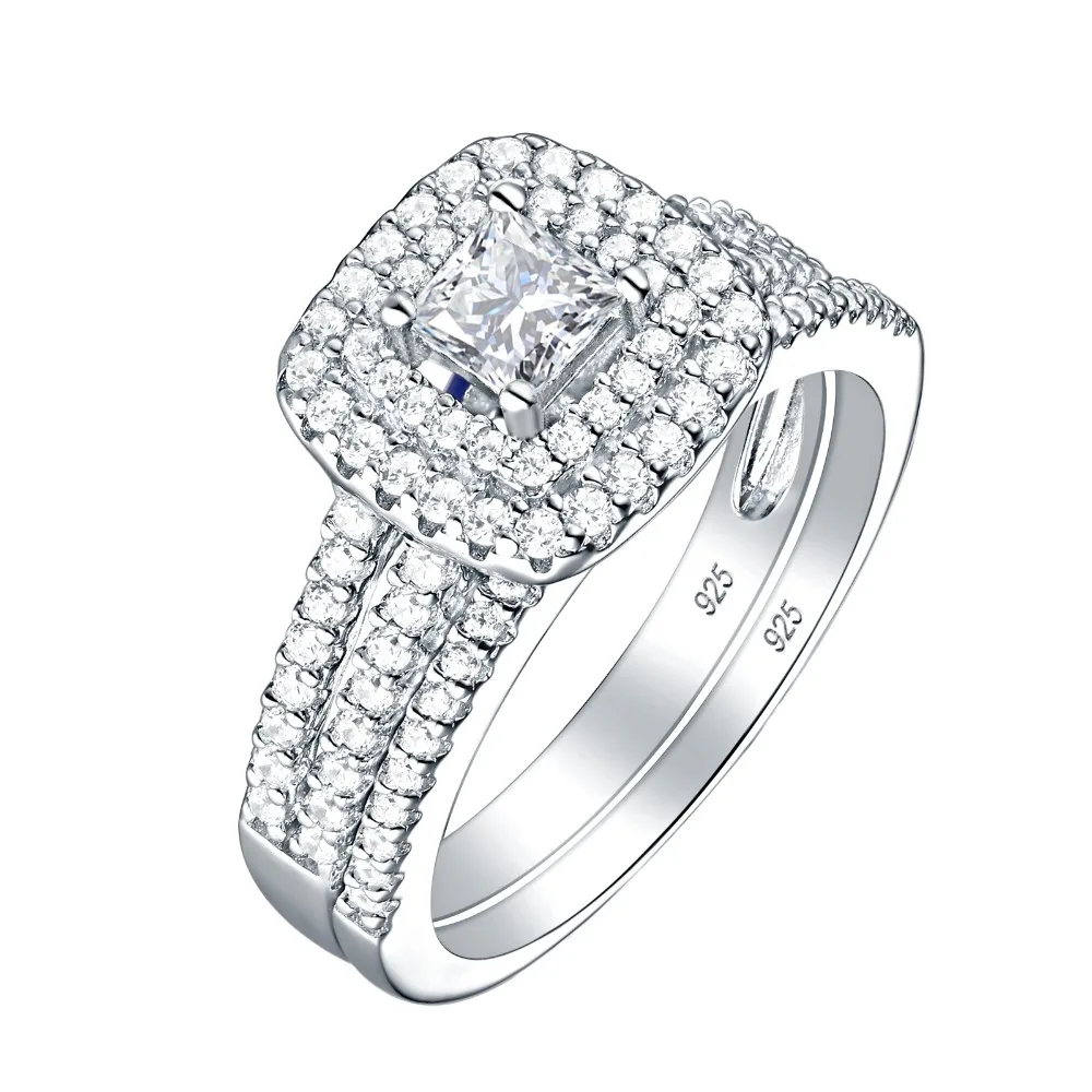 Wuziben 2 шт. 925 стерлингового серебра Свадебные Кольца для женщин 1.5Ct Принцесса Cut Белый Циркон Обручальное кольцо набор классических ювелирных изделий