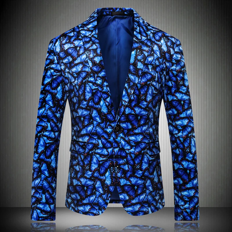 Синий мужской костюм куртка новая волна Мужская мода Принт блейзер Masculino Slim Fit