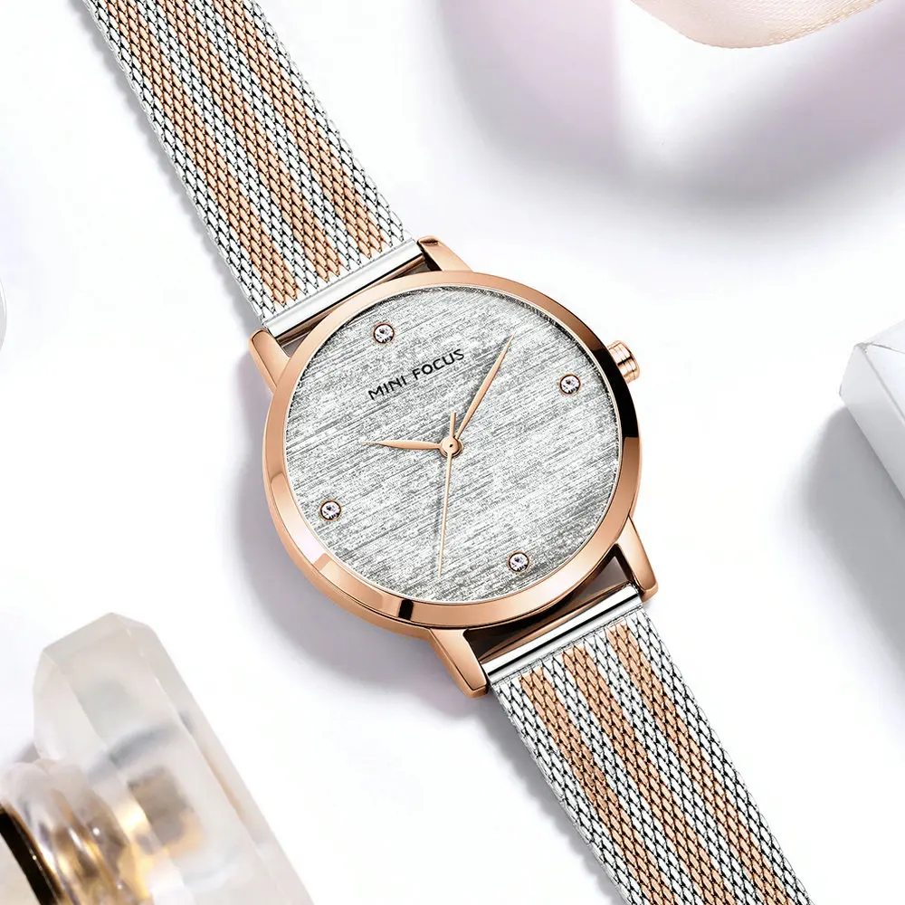 Женские кварцевые аналоговые часы MINI FOCUS с розовым и золотым сетчатым ремешком