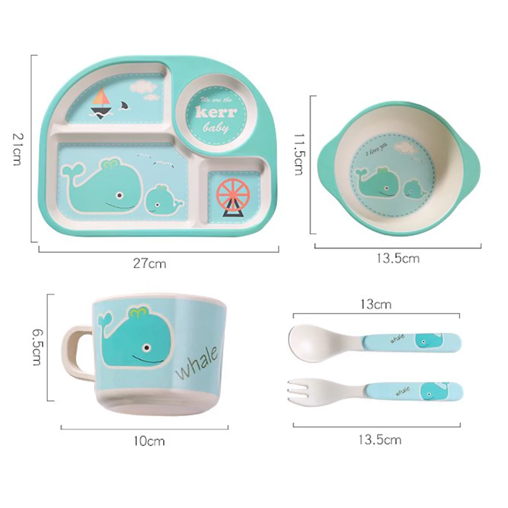 

5Pcs/Set Children's Tableware Feeding Bowl Fork Spoon Cup Lovely Portable Dishes Kindergarten Bamboo Fiber Cartoon Baby Plate