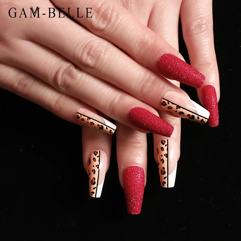 

GAM-BELLE 24 шт 3D красные блестящие накладные ногти леопардовый узор французские балетки полное покрытие Искусственные Поддельные Типсы для ман...