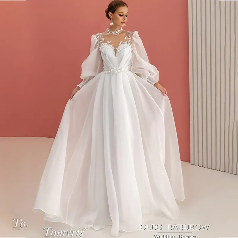 

2021 Beach Wedding Dresses A Line Lace Appliqued Beaded Long Sleeve Boho Bridal Gowns for Women Custom Made Robe De Mariée