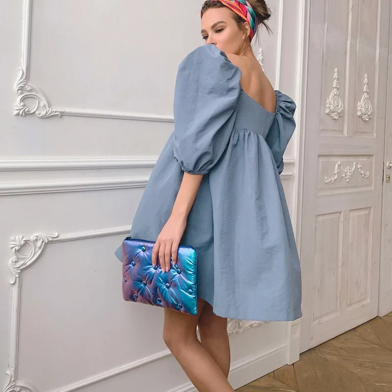 

Women Summer Dress 2021 Female Vintage Elegant Cotton Dresses V Collar High Waist Puff Sleeve Casual Beach Mini Dress Vestido